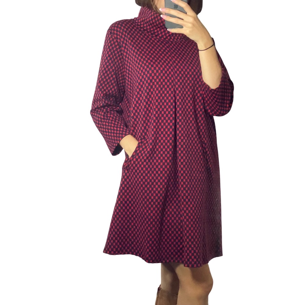 Top It Off Retro Red Navy Checkered Cowl Neck Pleated Front Pocket Shift Dress-L